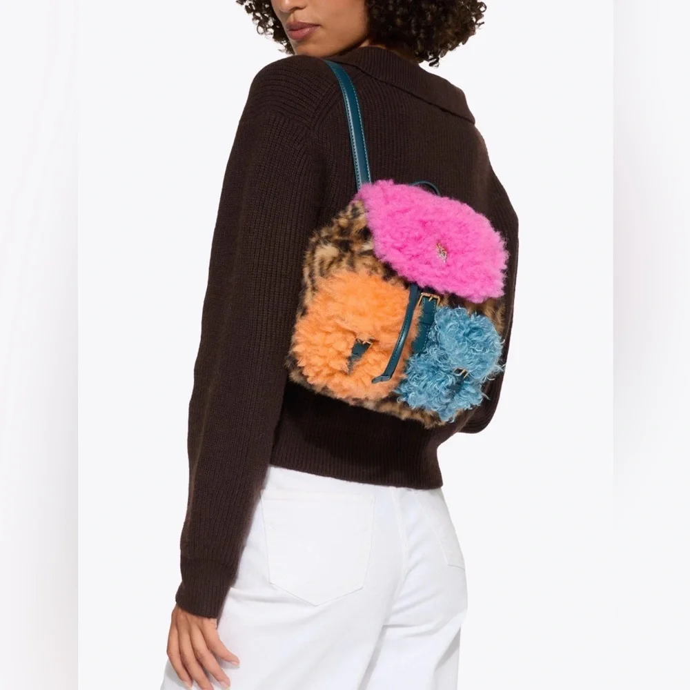 🩷🧡KURT GEIGER LONDON SMALL HOXTON MULTICOLOR🐆FUR BACKPACK🎒🩵🤎 - Picture 2 of 10